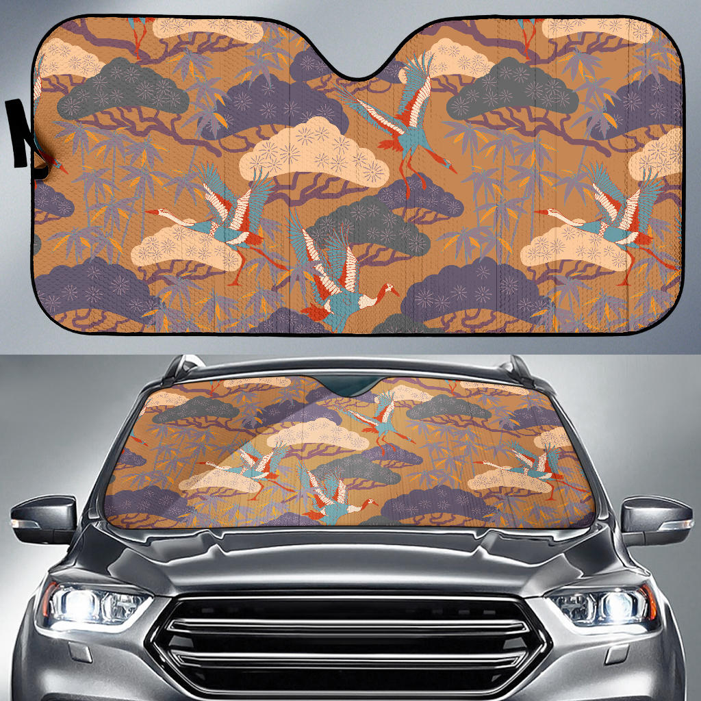 Bonsai Bamboo Stork Japanese Pattern Brown Theme Car Sun Shade