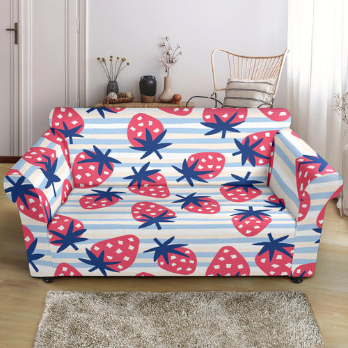 Strawberry Pattern Blue Lines Background Loveseat Couch Slipcover