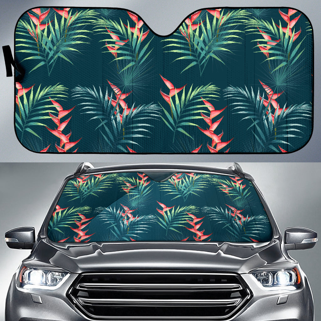 Heliconia Flowers, Palm And Monstera Leaves On Black Background Pattern Car Sun Shade