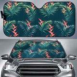 Heliconia Flowers, Palm And Monstera Leaves On Black Background Pattern Car Sun Shade