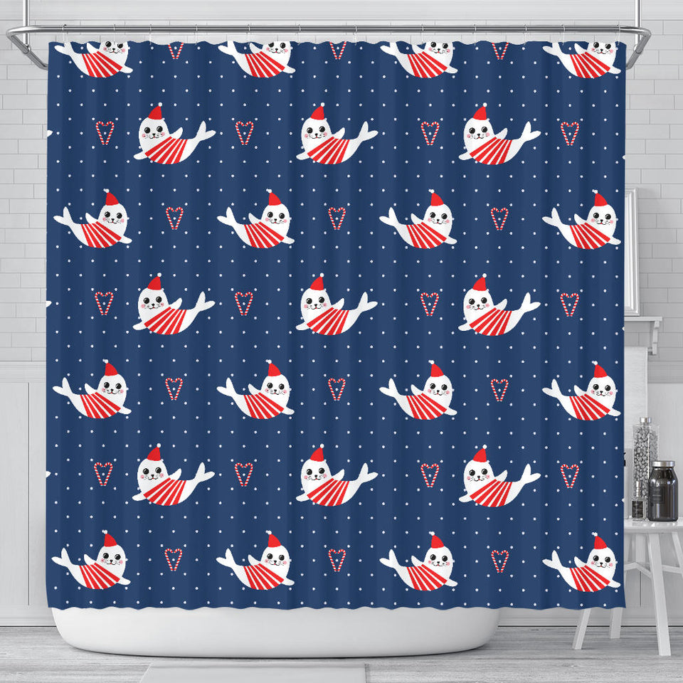 Cute Sea Lion Seal Christmas Hat Candy Cane Heart Pattern Shower Curtain Fulfilled In US