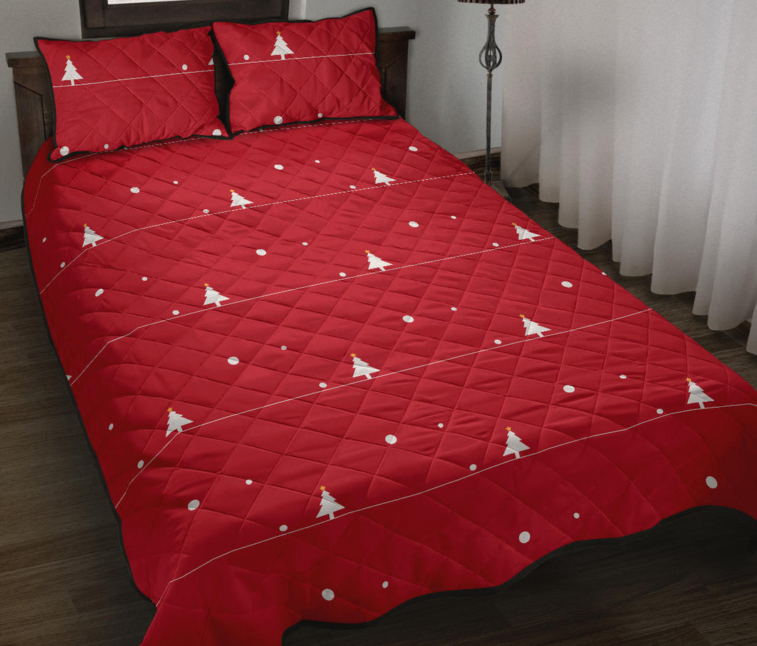 Christmas tree star snow red background Quilt Bed Set