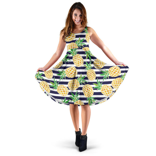 Pineapples Pattern Striped Background Sleeveless Midi Dress