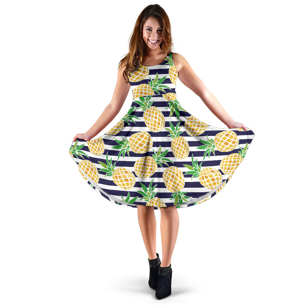 Pineapples Pattern Striped Background Sleeveless Midi Dress