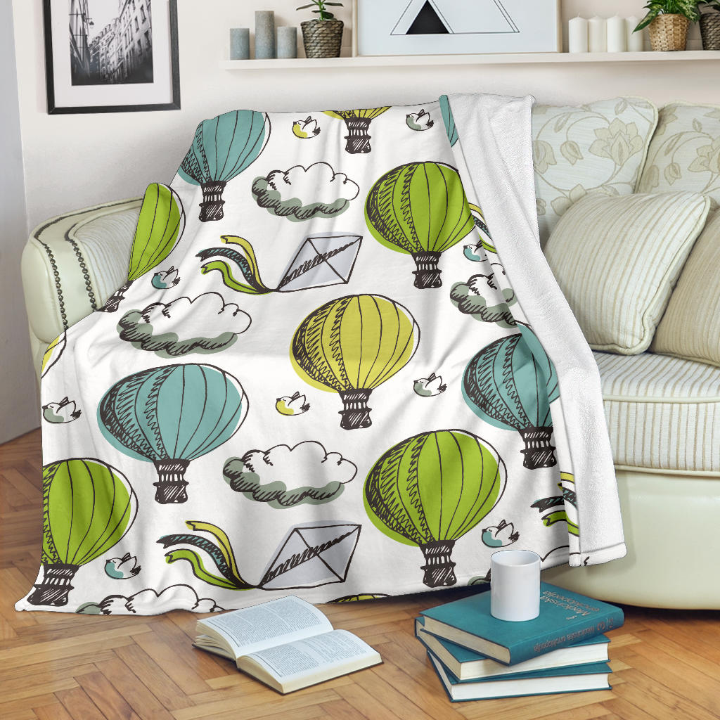 Hot Air Balloon Bird Cloud Pattern Premium Blanket
