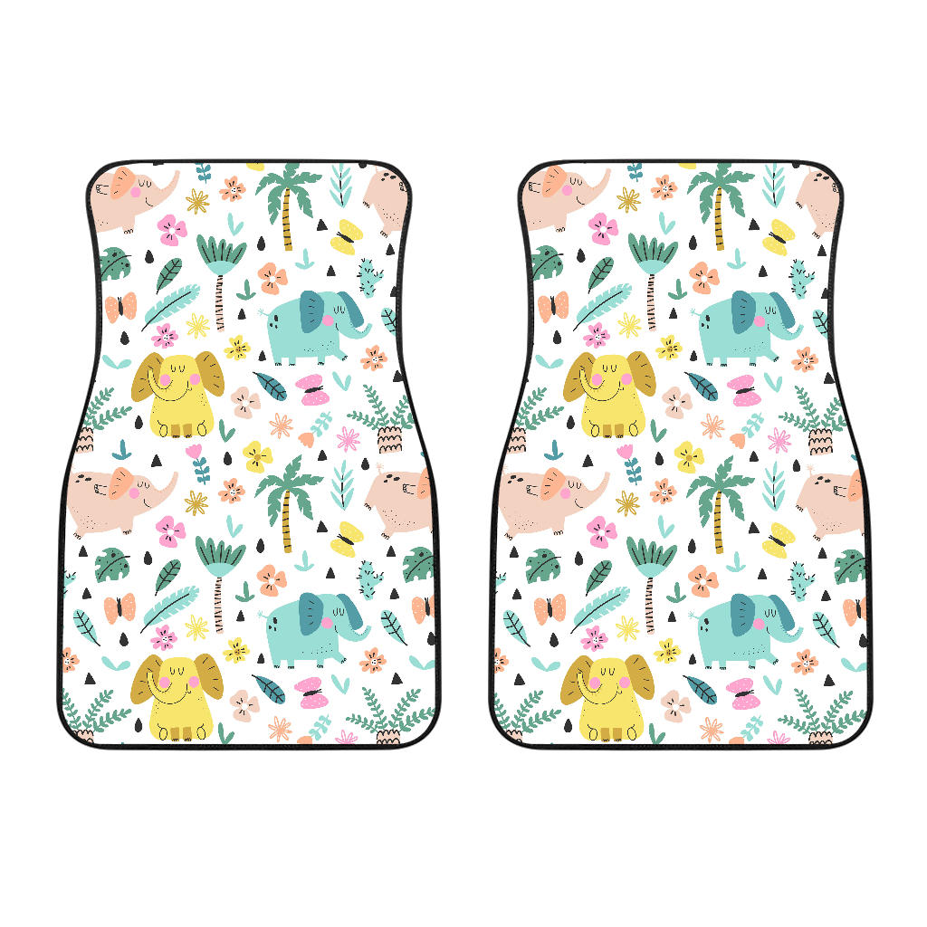 Cute Elephants Palm Tree Flower Butterfly Pattern Front Car Mats