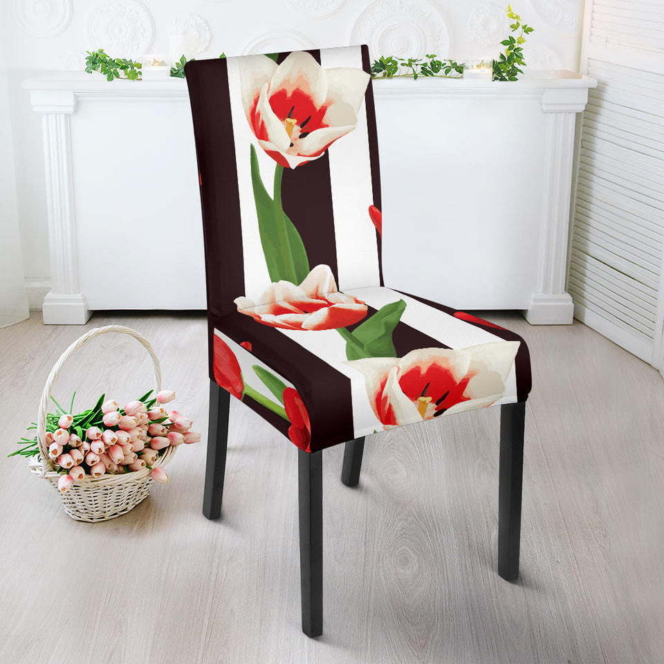 Red And White Tulips Pattern Dining Chair Slipcover