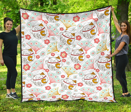 Maneki Neko Lucky Cat Fan Sakura Premium Quilt
