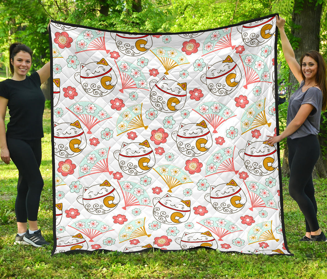 Maneki Neko Lucky Cat Fan Sakura Premium Quilt
