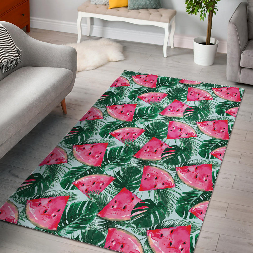 Watermelons Tropical Palm Leaves Pattern Area Rug