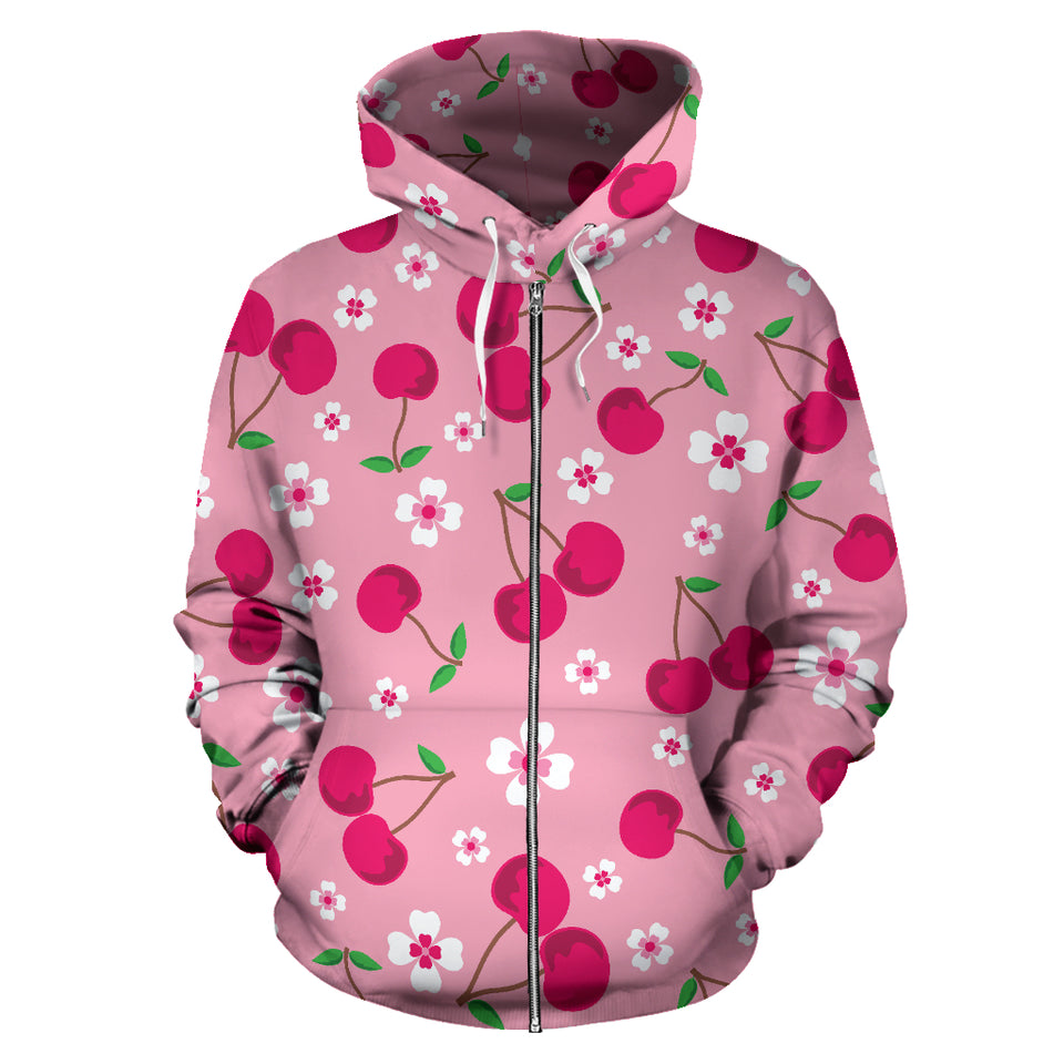 Cherry Flower Pattern Pink Background Zip Up Hoodie