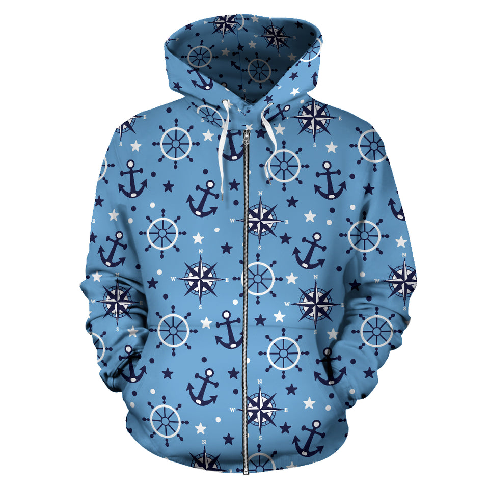 Anchors Rudder Compass Star Nautical Pattern Zip Up Hoodie