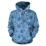 Anchors Rudder Compass Star Nautical Pattern Zip Up Hoodie