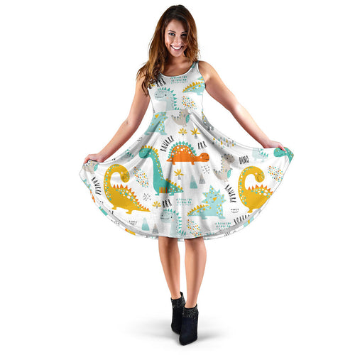 Cute Funny Kids Dinosaurs Pattern Sleeveless Midi Dress