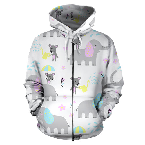 Cute Elephant Mouse Pattern Zip Up Hoodie