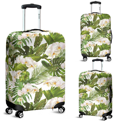 White Orchid Flower Tropical Leaves Pattern Luggage Covers