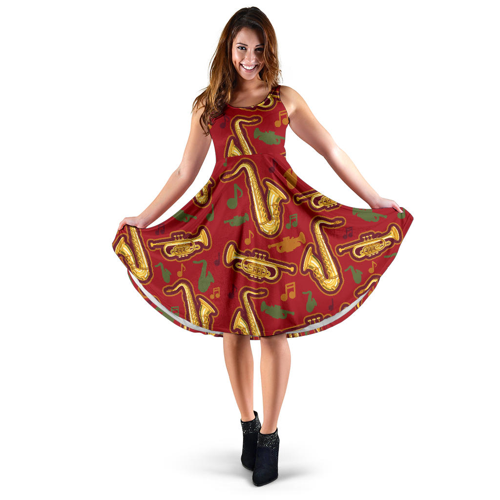 Saxophone Cornet Pattern Red Background Sleeveless Midi Dress