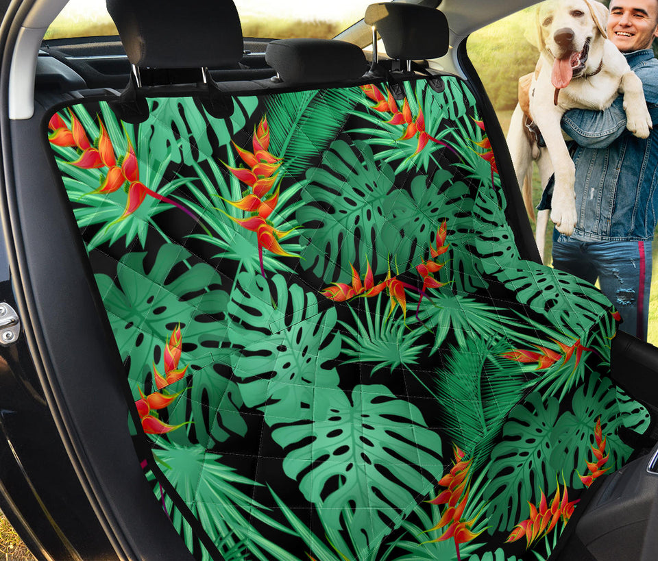 Heliconia Flower Palm Monstera Leaves Black Background Dog Car Seat Covers