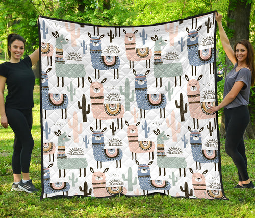 Lama Alpaca Cactus Hand Drawn Pattern Premium Quilt