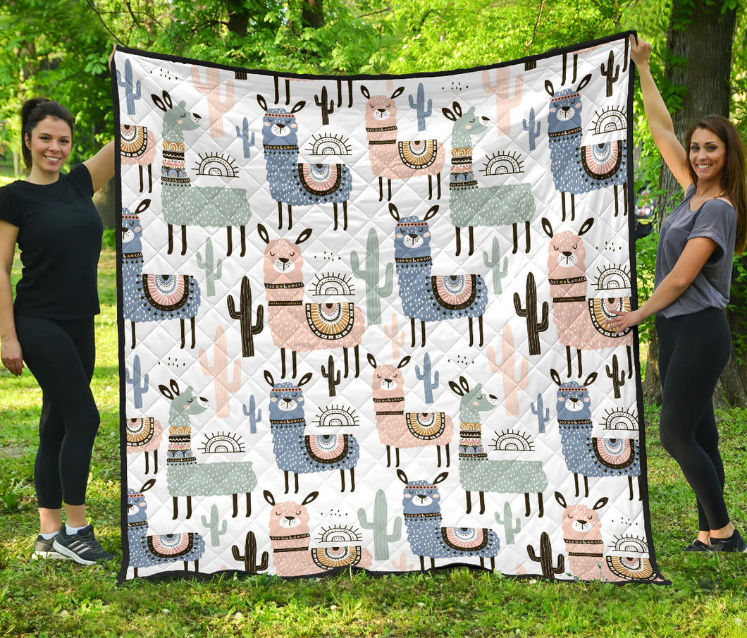 Lama Alpaca Cactus Hand Drawn Pattern Premium Quilt