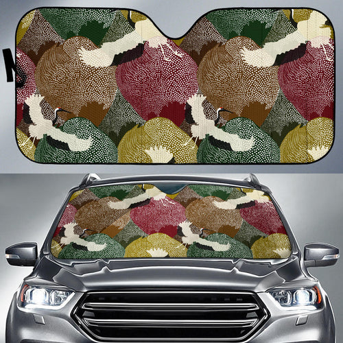 Japanese Cranes Flying Forest Dot Pattern Car Sun Shade