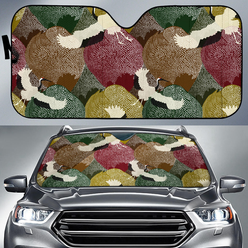 Japanese Cranes Flying Forest Dot Pattern Car Sun Shade