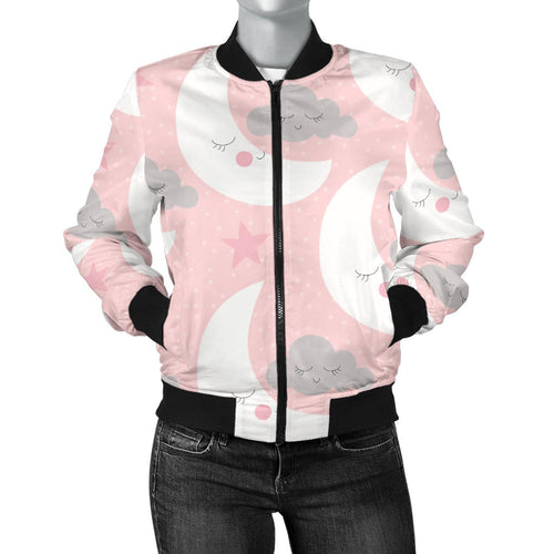 Cute Moon Cloud Star Pattern Pink Dot Background Women'S Bomber Jacket