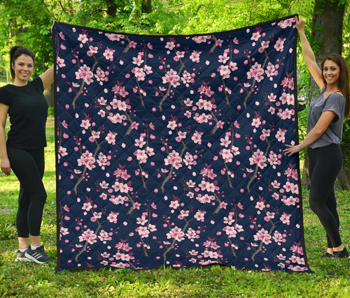 Pink Sakura Cherry Blossom Blue Background Premium Quilt