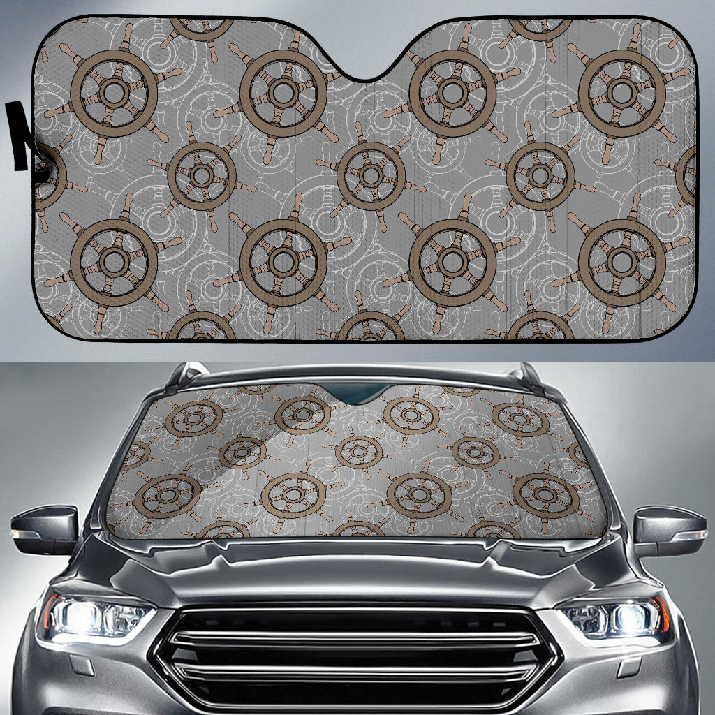 Nautical Wood Steering Wheel Pattern Car Sun Shade