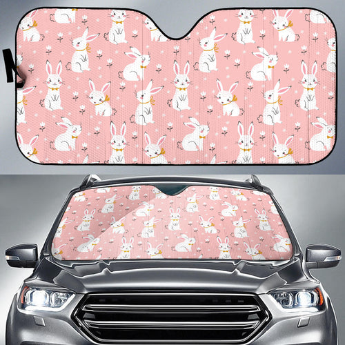 Cute White Rabbit Flower Pink Background Car Sun Shade