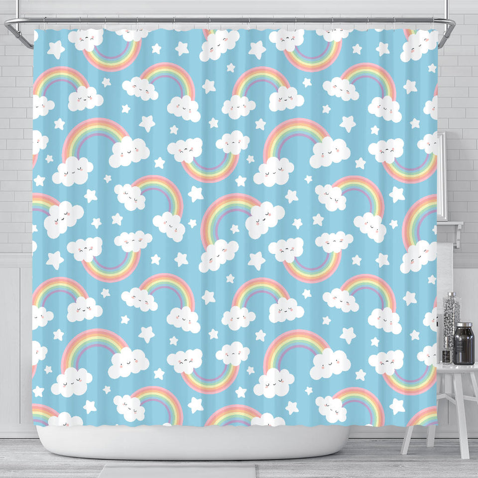 Cute Rainbow Clound Star Pattern Blue Background Shower Curtain Fulfilled In US