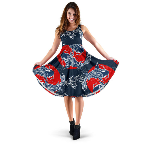 Koi Fish Carp Fishs Hand Drawn Japanese Art Sleeveless Midi Dress