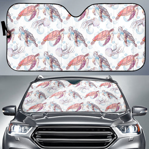 Watercolor Sea Turtle Jellyfish Pattern Car Sun Shade