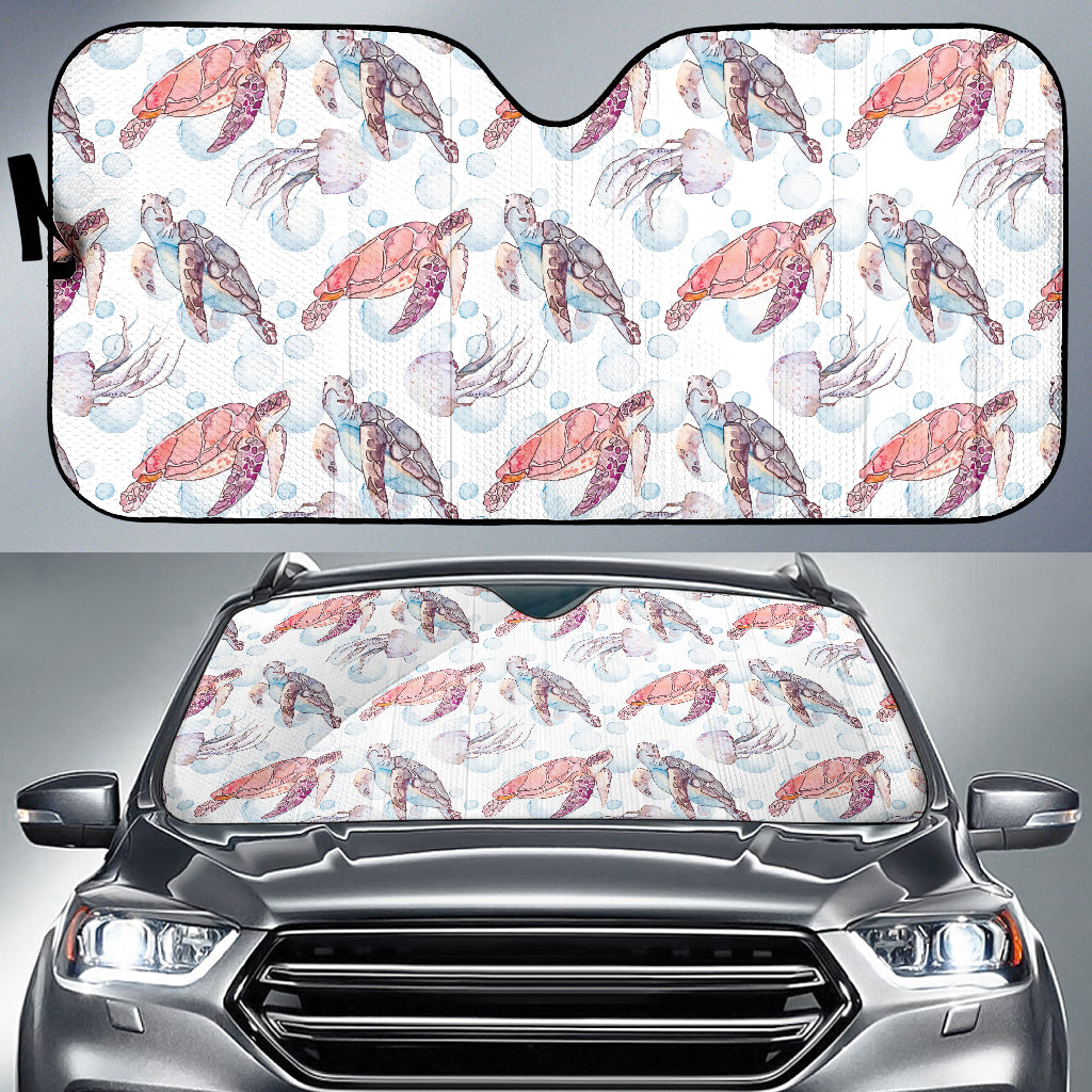 Watercolor Sea Turtle Jellyfish Pattern Car Sun Shade