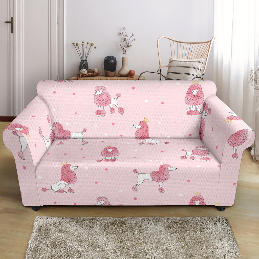 Poodle Dog Pink Color Theme Loveseat Couch Slipcover