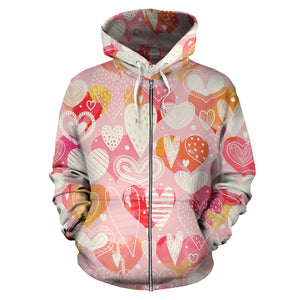 Hand Drawn Heart Design Pattern Zip Up Hoodie