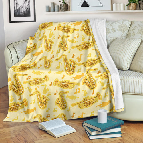 Saxophone Cornet Pattern Yellow Background Premium Blanket