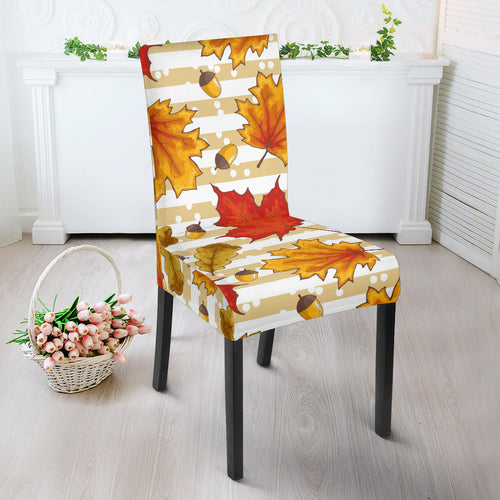 Maple Leaf Oak Leaf Acorns Beige Striped Background Dining Chair Slipcover