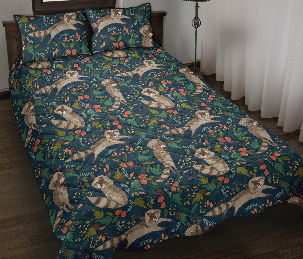Raccoon tropical leaves pattern Quilt Bed Set