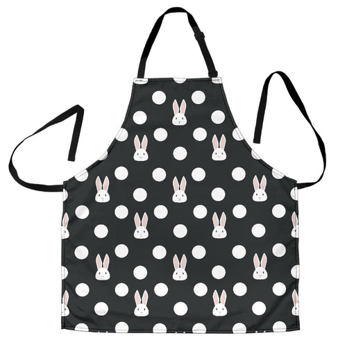 Cute White Rabbit Polka Dots Black Background Adjustable Apron