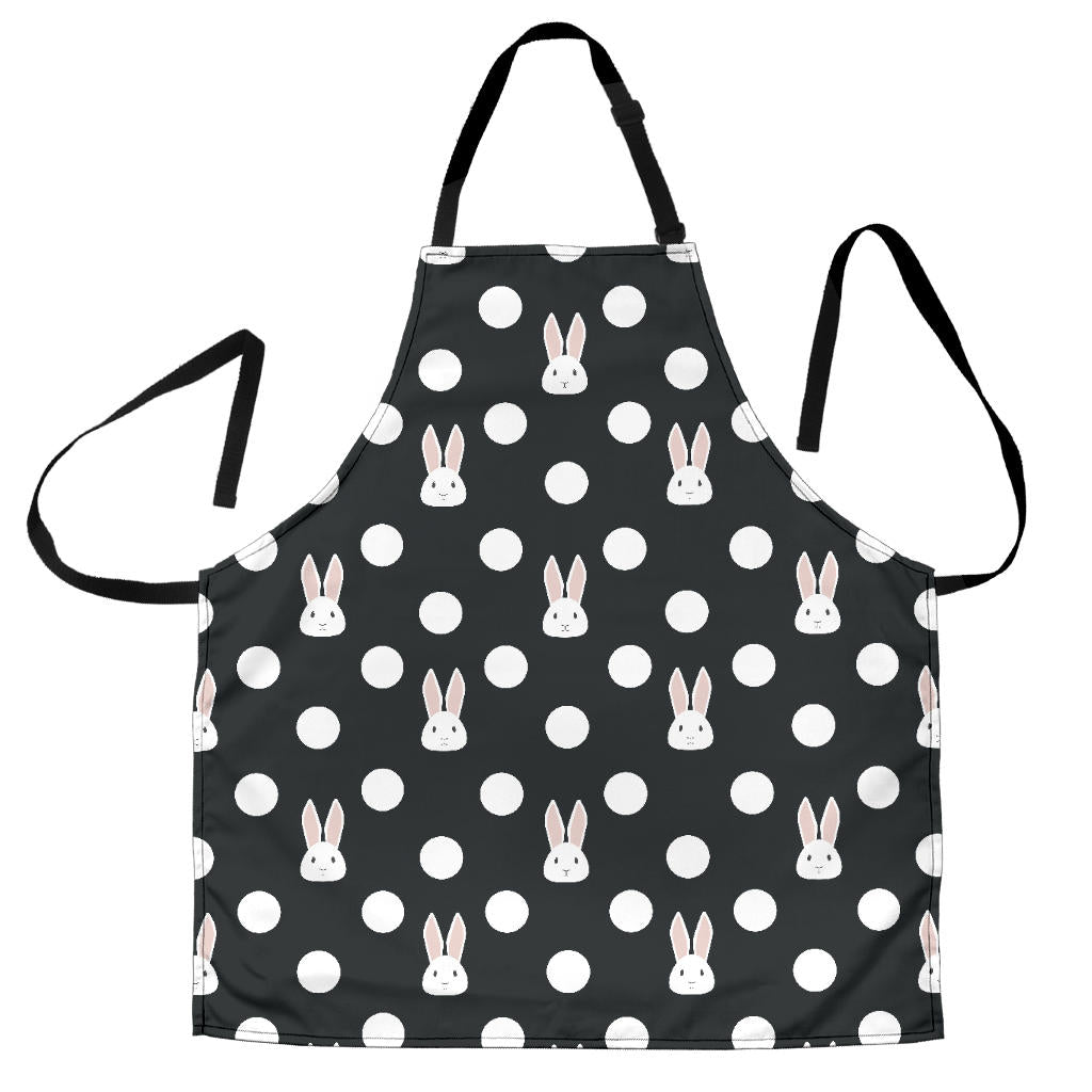 Cute White Rabbit Polka Dots Black Background Adjustable Apron