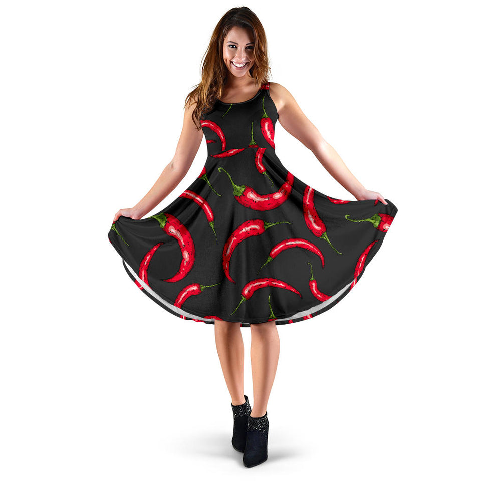 Chili Peppers Pattern Black Background Sleeveless Midi Dress