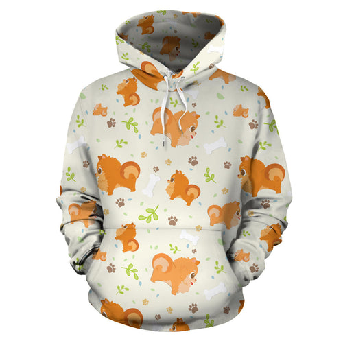 Cute Brown Pomeranian Paw Leave Bone Pattern Men Women Pullover Hoodie