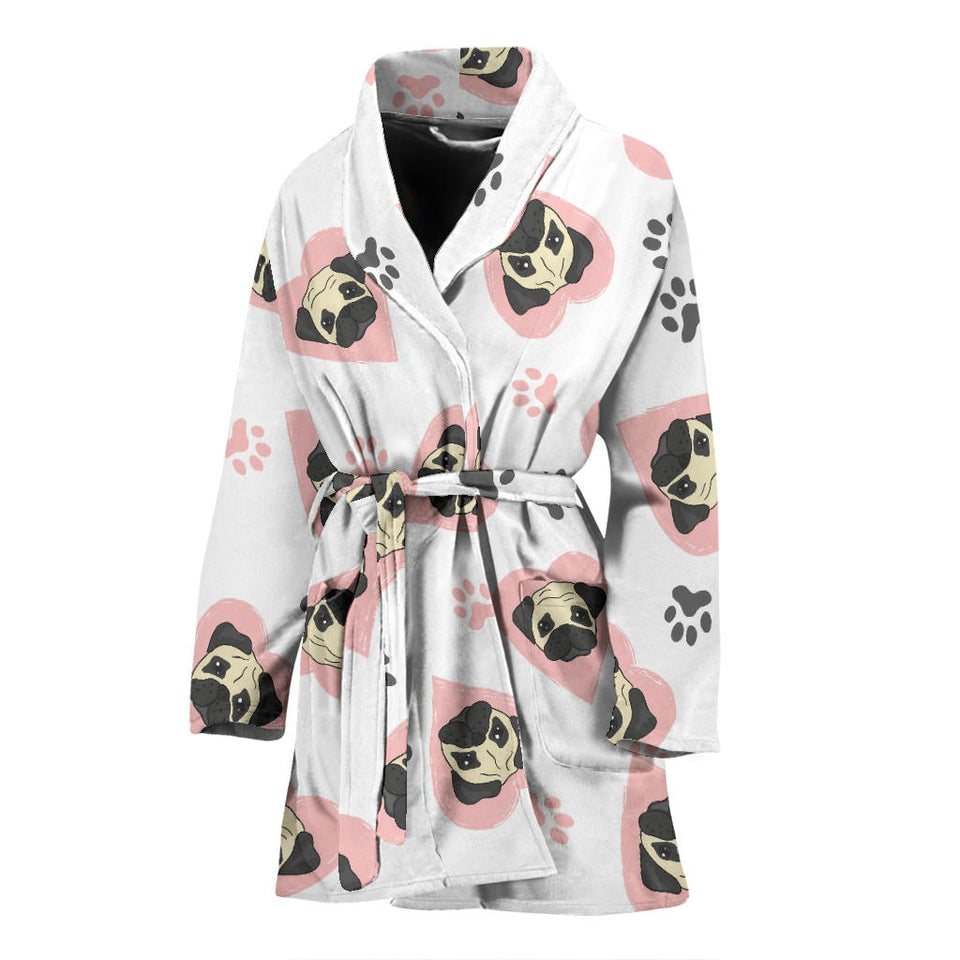 Cute Pugs Pink Heart Paw Pattern Women'S Bathrobe