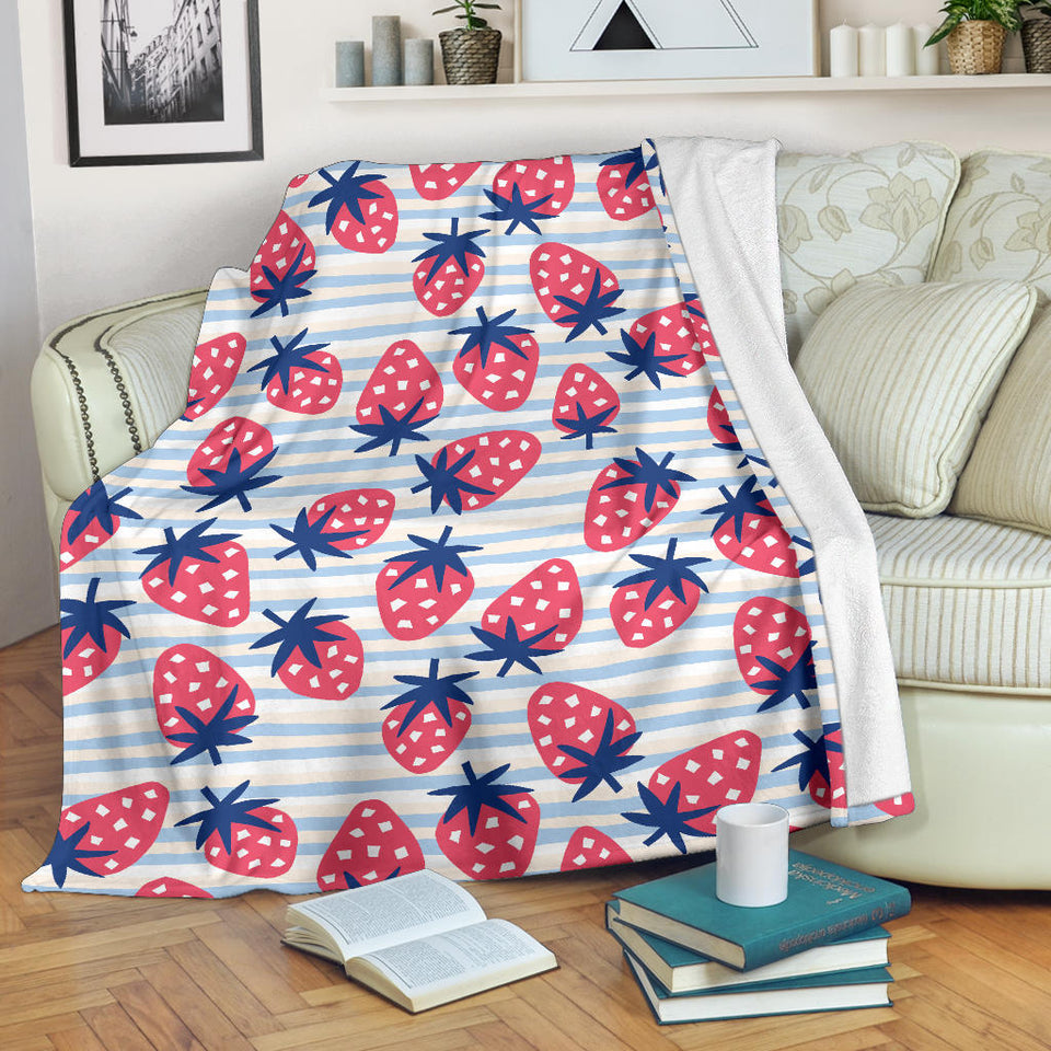 Strawberry Pattern Blue Lines Background Premium Blanket
