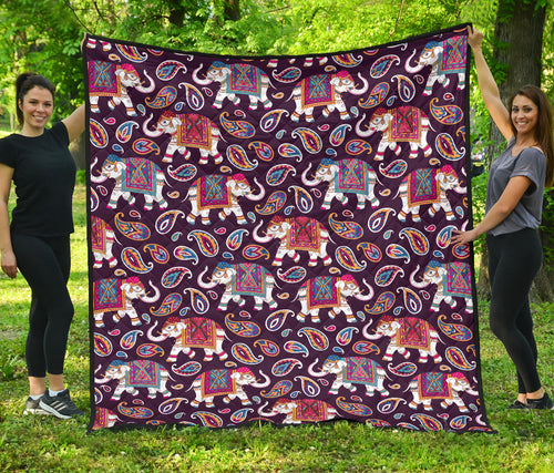Elephant Indian Style Ornament Pattern Premium Quilt