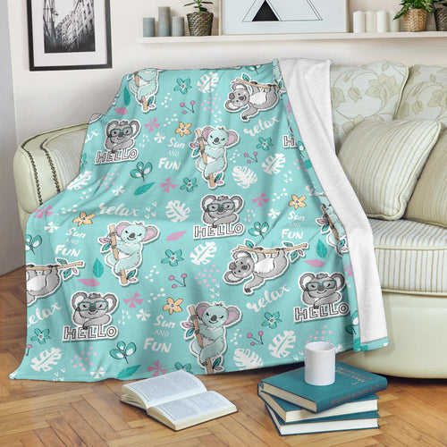Cute Koalas Blue Background Pattern Premium Blanket