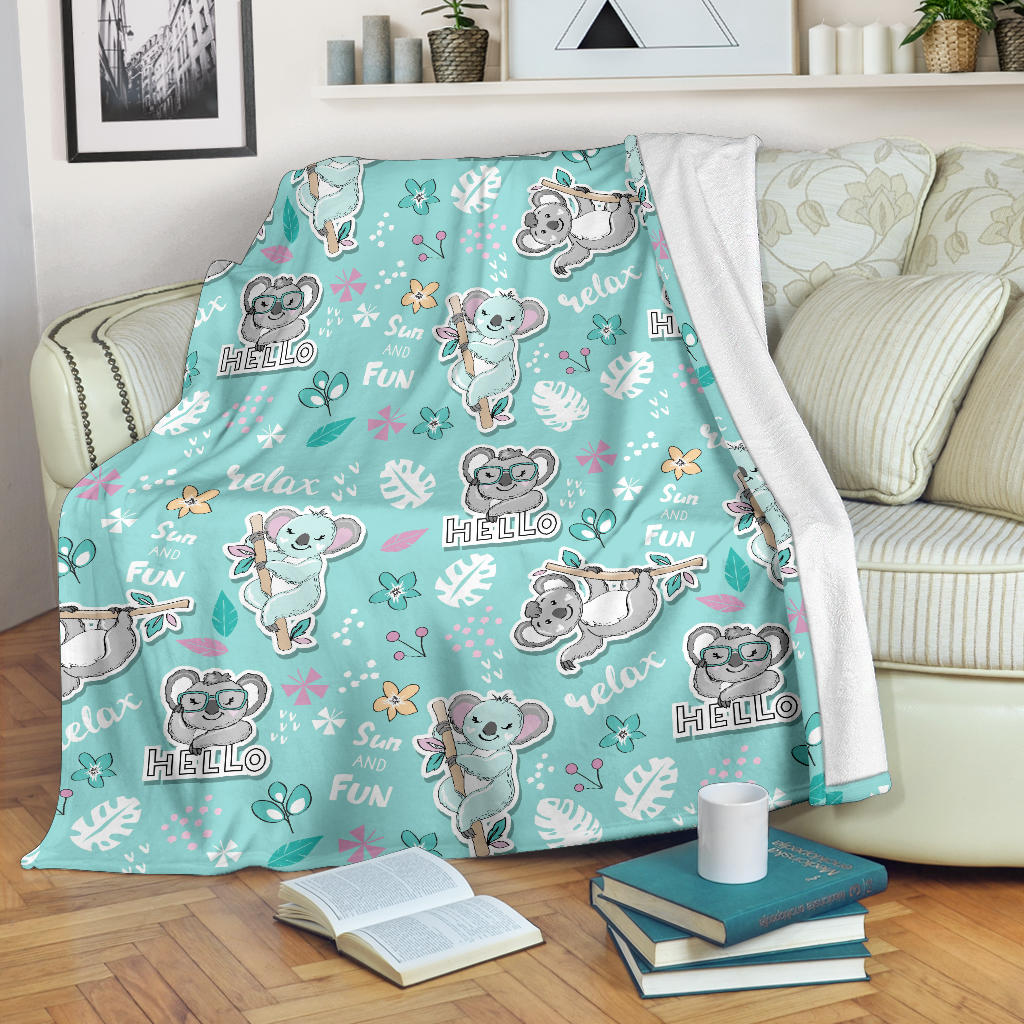 Cute Koalas Blue Background Pattern Premium Blanket