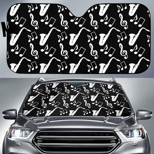 Saxophone Music Notes Treble Clef Black White Theme Car Sun Shade