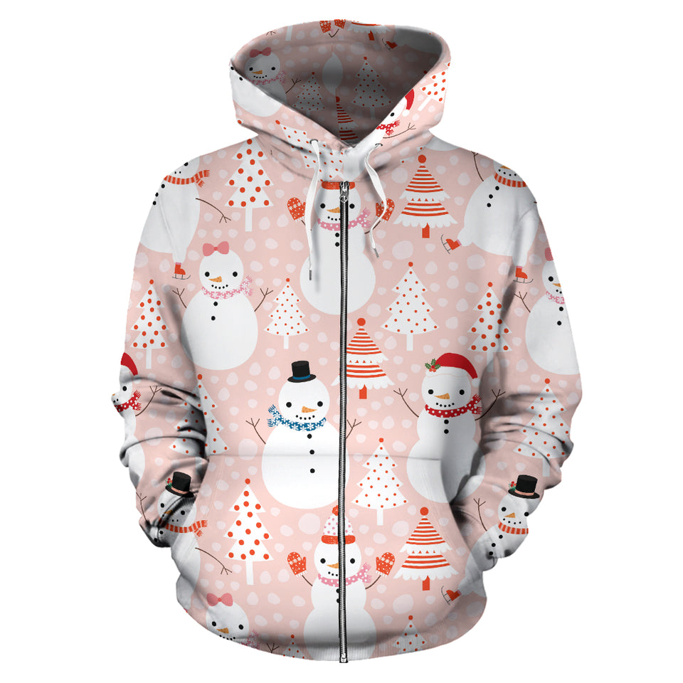 Cute Snowman Christmas Tree Snowpink Background Zip Up Hoodie